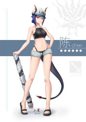 Rule 34 | 1girl, absurdres, arknights, bare arms, bare legs, bare shoulders, baseball cap, bikini, black bikini, black footwear, blue hair, breasts, ch&#039;en (arknights), ch'en (arknights), character name, chinese commentary, commentary request, dated, dragon horns, dragon tail, female tourist c (arknights), full body, great lungmen logo, grey shorts, hand on own hip, hat, highleg, highleg bikini, highres, horns, looking at viewer, medium breasts, navel, official alternate costume, planted, red eyes, sandals, shadow, short hair, short shorts, shorts, solo, standing, star (symbol), stomach, swimsuit, tail, thighs, white background, white hat, yiyi