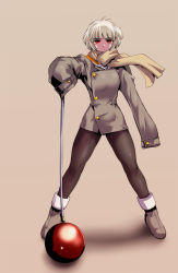 Rule 34 | 1girl, ball, ball and chain (weapon), blonde hair, boots, brown background, coat, ez6, hands in opposite sleeves, jacket, legs, legs apart, original, oversized clothes, pantyhose, red eyes, scarf, short hair, simple background, solo, spread legs, standing, white hair