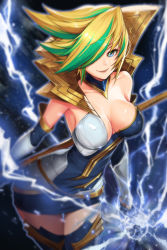 Rule 34 | 1girl, armor, bare shoulders, blonde hair, blue eyes, blue gloves, blue skirt, blue thighhighs, blurry, breasts, cleavage, cowboy shot, depth of field, detached collar, elbow gloves, electricity, elementalist lux, eyelashes, faulds, from above, gloves, goomrrat, green hair, hair over one eye, league of legends, light particles, lipstick, looking at viewer, lux (league of legends), makeup, medium breasts, microskirt, multicolored hair, one eye covered, parted lips, pencil skirt, pole, short hair, skirt, smile, solo, storm elementalist lux, strapless, streaked hair, thigh gap, thighhighs, two-tone hair, vambraces