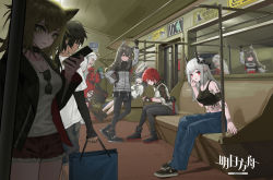 Rule 34 | 1boy, 6+girls, :o, absurdres, animal ears, arknights, bag, black choker, black footwear, black hair, black jacket, black nails, black pantyhose, black shorts, black sports bra, blaze (arknights), blue pants, boots, breasts, chinese commentary, choker, closed mouth, commentary request, copyright name, dark-skinned male, dark skin, ear piercing, earphones, exusiai (arknights), eyewear hang, highres, holding, holding bag, holding phone, hood, hooded jacket, horns, jacket, leg ribbon, lion ears, material growth, medium breasts, mudrock (arknights), multiple girls, nail polish, official alternate costume, open clothes, open jacket, open mouth, oripathy lesion (arknights), pants, pantyhose, pantyhose under shorts, phone, piercing, qiufenghaiming, red eyes, red hair, red shorts, reflection, ribbon, shirt, shoes, shopping bag, short sleeves, shorts, siege (arknights), silver hair, sitting, skadi (arknights), skadi the corrupting heart (arknights), sleeping, sneakers, sports bra, sunglasses, sunglasses around neck, texas (arknights), thorns (arknights), thorns (comodo) (arknights), train interior, unworn eyewear, white footwear, white jacket, white shirt, wolf ears, yellow eyes