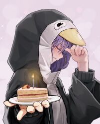 1girl absurdres animal_costume animal_hood bird black_jacket blush cake cake_slice candle closed_eyes closed_mouth fate/grand_order fate_(series) food from_side fruit giving highres holding holding_plate hood hood_up jacket long_hair long_sleeves luuwruf meltryllis meltryllis_(fate) meltryllis_(swimsuit_lancer)_(fate) penguin penguin_hood plate profile purple_hair simple_background sleeves_past_wrists solo upper_body white_background