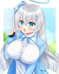 Rule 34 | 1girl, black gloves, blue bow, blue eyes, blue jacket, blue sky, blush, bow, bra, bra visible through clothes, breasts, button gap, cleavage, commission, copyright request, day, fingerless gloves, gloves, grey hair, hair between eyes, hair bow, hair ornament, halo, hand up, highres, index finger raised, jacket, large breasts, long hair, long sleeves, one side up, open clothes, open jacket, see-through, shikito (yawa0w0), shirt, skeb commission, skirt, sky, sleeves past wrists, solo, underwear, very long hair, white bra, white shirt, white skirt