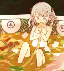 Rule 34 | 1girl, black ribbon, blush, camisole, collarbone, copyright request, eating, flat chest, food, highres, in bowl, in container, in food, noodles, ramen, ribbon, sitting, twintails, zakone