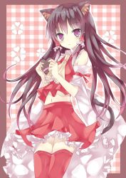 Rule 34 | 1girl, animal ears, ascot, bare shoulders, black hair, candy, cat ears, cat girl, cat tail, chocolate, chocolate heart, detached sleeves, female focus, food, hair tubes, hakurei reimu, heart, highres, japanese clothes, kemonomimi mode, long hair, midriff, miko, mizumidori, navel, purple eyes, red thighhighs, skirt, solo, tail, thighhighs, touhou, valentine