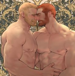 Rule 34 | 2boys, abs, bara, beard, blonde hair, body hair, couple, dopey (dopq), closed eyes, facial hair, heads together, highres, imminent kiss, large pectorals, male focus, manly, multiple boys, muscular, nipples, orange hair, original, pectoral docking, pectoral press, pectorals, simple background, smile, topless male, upper body, yaoi