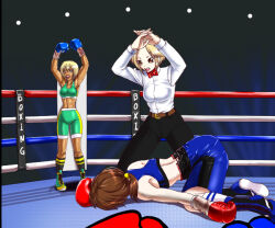 Rule 34 | 3girls, blood, boxing, boxing gloves, boxing ring, catfight, defeat, multiple girls, santos, unconscious