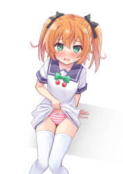 Rule 34 | arm support, black ribbon, blush, bow, bow panties, breasts, clothes lift, commentary request, crossed bangs, dress, dress bow, dress lift, feet out of frame, green bow, green eyes, hair ribbon, highres, kaitou tenshi twin angel, lifting own clothes, medium hair, minazuki haruka (twin angel), open mouth, orange hair, paid reward available, panties, petite, pink bow, pink panties, ribbon, short sleeves, sitting, small breasts, striped clothes, striped panties, tenjou ryuka, thighhighs, twin angel, twintails, underwear, wavy mouth, white background, white dress, white thighhighs