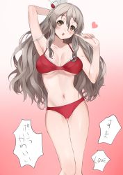 Rule 34 | 1girl, absurdres, bikini, brown eyes, commentary request, cowboy shot, gradient background, grey hair, hat, highres, index finger raised, kantai collection, mini hat, open mouth, pola (kancolle), red background, red bikini, solo, standing, swimsuit, tilted headwear, toriniku senshi chikinman, translated, wavy hair