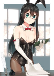 Rule 34 | 1girl, animal ears, black hair, black leotard, black pantyhose, bow, bowtie, breasts, clipboard, collarbone, detached collar, elbow gloves, fake animal ears, glasses, gloves, green eyes, hairband, highres, holding, holding paper, indoors, jakelian, kantai collection, leotard, long hair, ooyodo (kancolle), pantyhose, paper, playboy bunny, rabbit ears, red bow, red bowtie, semi-rimless eyewear, small breasts, solo, standing, strapless, strapless leotard, table, under-rim eyewear, white gloves, window