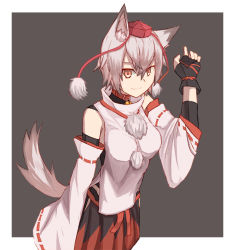 Rule 34 | 1girl, animal ears, ao homura, bad id, bad pixiv id, bare shoulders, bell, neck bell, belt, breasts, collar, detached sleeves, hat, inubashiri momiji, medium breasts, pom pom (clothes), red eyes, ribbon-trimmed sleeves, ribbon trim, shirt, short hair, silver hair, sleeveless, sleeveless shirt, solo, tail, tokin hat, touhou, white shirt, wolf ears, wolf tail