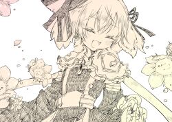 Rule 34 | 1girl, :d, animal ears, arch bishop (ragnarok online), asuta (kinakomoti300), blush, blush visible through hair, bow, closed eyes, commentary, cross, curtsey, dress, flat chest, floppy ears, flower, frilled dress, frilled sleeves, frills, greyscale, hair bow, hair ribbon, highres, medium bangs, monochrome, official alternate costume, open mouth, rabbit ears, ragnarok online, ribbon, simple background, smile, solo, symbol-only commentary, upper body