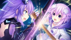 Rule 34 | 2girls, battle, blue eyes, braid, brave neptune, breasts, clash, d-pad, d-pad hair ornament, duel, game cg, hair ornament, highres, long hair, looking at viewer, multiple girls, neptune (neptunia), neptune (series), official art, open mouth, purple eyes, purple hair, purple heart (neptunia), short hair, sword, symbol-shaped pupils, tsunako, twin braids, very long hair, weapon, wooden sword
