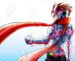 Rule 34 | 10s, 1boy, 1k, armor, bad id, bad pixiv id, blue eyes, bodysuit, from behind, male focus, natano hisanori, power armor, red hair, sacred seven, scarf, simple background, solo, tandouji alma, thumbs up