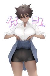 Rule 34 | 1girl, absurdres, bad id, bad pixiv id, black shorts, blue skirt, brown hair, cameltoe, closed mouth, clothes lift, collared shirt, dark-skinned female, dark skin, dress, hair between eyes, highres, lifting own clothes, looking at viewer, micchan (ohisashiburi), ohisashiburi, original, pleated skirt, red eyes, shirt, short hair, shorts, shorts under skirt, simple background, skin tight, skirt, slit pupils, solo, standing, tomboy, translation request, white background, white shirt