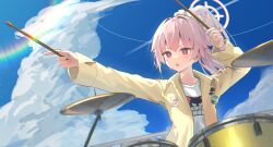 Rule 34 | 1girl, absurdres, blue archive, blush, cloud, cloudy sky, day, drum, drumsticks, hair between eyes, halo, highres, holding, holding drumsticks, instrument, jacket, long hair, long sleeves, nanahoshi teru, natsu (band) (blue archive), natsu (blue archive), official alternate costume, open clothes, open jacket, open mouth, outdoors, pink hair, pink halo, red eyes, shirt, sky, solo, white shirt, yellow jacket