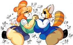 Rule 34 | 2boys, 2girls, aggressive retsuko, animal crossing, animal ears, ass, breast press, breasts, dark-skinned male, dark skin, dog, dog ears, english text, furry, furry female, furry with non-furry, highres, huge ass, huge breasts, interracial, interspecies, isabelle (animal crossing), lewd dorky, multiple boys, multiple girls, nintendo, penis, retsuko, sex, sex from behind, simple background, speech bubble, surprised, veins, veiny penis, white background