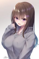 Rule 34 | 1girl, bad id, bad pixiv id, blush, breasts, brown background, brown hair, brown hair-chan (ramchi), commentary request, covered erect nipples, gradient background, grey background, grey hoodie, hair between eyes, hair ornament, hairclip, highres, hood, hood down, hoodie, large breasts, long hair, long sleeves, open mouth, original, purple eyes, ramchi, signature, sleeves past wrists, solo, upper body, white background