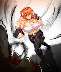 Rule 34 | 1girl, abs, bandeau, belt, black belt, black choker, black footwear, black gloves, black pants, boots, breasts, character request, choker, cleavage, clenched hands, commentary, commission, copyright request, cross-laced footwear, fingerless gloves, ghgnvm, gloves, grin, hair between eyes, highres, lace-up boots, large breasts, leggings, looking at viewer, midriff, muscular, muscular female, navel, orange hair, pants, pouch, sandbag, short hair, smile, solo, standing, stomach, strapless, thigh strap, thighs, tube top, yellow eyes
