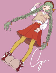 Rule 34 | 1girl, 37 pe, braid, green hair, highres, long hair, long sleeves, original, pantyhose, purple background, red headwear, red skirt, shirt, shirt tucked in, shoes, skirt, solo, sweater vest, twin braids, very long hair, white shirt, yellow pantyhose