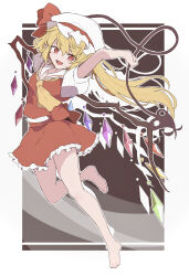 Rule 34 | 1girl, absurdres, bare legs, barefoot, blonde hair, border, breasts, brown background, collared shirt, crystal, fang, feet, flandre scarlet, frilled shirt collar, frilled skirt, frills, full body, hat, hat ribbon, head tilt, highres, holding, holding polearm, holding weapon, laevatein (touhou), legs, long hair, looking at viewer, mob cap, multicolored wings, neckerchief, no socks, nojima minami, one side up, open mouth, polearm, puffy short sleeves, puffy sleeves, red eyes, red ribbon, red skirt, red vest, ribbon, shirt, short sleeves, simple background, skirt, skirt set, small breasts, solo, toenails, toes, touhou, very long hair, vest, weapon, white border, white hat, white shirt, wings, yellow neckerchief