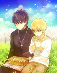Rule 34 | 2boys, bad id, bad pixiv id, blonde hair, bracelet, brown eyes, brown hair, casual, clover, cross, cross necklace, earrings, expressionless, fate/zero, fate (series), four-leaf clover, jewelry, male focus, multiple boys, necklace, official alternate costume, picnic, red eyes, short hair, toriatte, v-neck