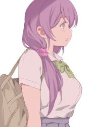 Rule 34 | 1girl, bag, bow, bowtie, collared shirt, duke (inu daimyou), from side, green bow, green bowtie, green eyes, hair ornament, hair over shoulder, hair scrunchie, long hair, love live!, love live! school idol project, low-tied long hair, otonokizaka school uniform, pink scrunchie, purple hair, school bag, school uniform, scrunchie, shirt, short sleeves, simple background, solo, striped bow, striped bowtie, striped clothes, striped neckwear, tojo nozomi, upper body, white background, white shirt