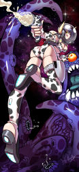 Rule 34 | 1girl, animal print, ass, black hair, boots, breasts, cleavage, cow print, gun, gun holster, helmet, highres, horns, milk, one eye closed, revealing clothes, ryuusei (mark ii), sharp teeth, short hair, space, space helmet, space suit, teeth, tentacle monster, thigh boots, thighhighs, tongue, tongue out, weapon, wink, yellow eyes
