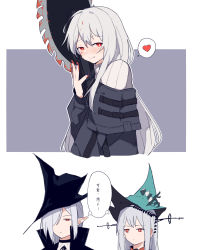 Rule 34 | 3girls, aqua headwear, arknights, black dress, black headwear, blue nails, blush, bright pupils, circular saw, closed mouth, coldcat., cropped torso, dress, expressionless, fang, fang out, gladiia (arknights), grey background, hair over one eye, heart, highres, hugging object, long hair, looking at viewer, multiple girls, nail polish, official alternate costume, pointy ears, red eyes, saw, silver hair, skadi (arknights), skadi the corrupting heart (arknights), smile, specter (arknights), speech bubble, spoken heart, thought bubble, translation request, two-tone background, very long hair