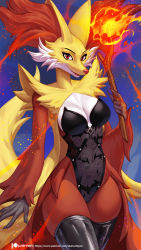 Rule 34 | 1girl, alanscampos, blush, bodice, breasts, cleavage, creatures (company), delphox, fire, fireball, fox, fur trim, furry, game freak, gen 6 pokemon, highres, large breasts, magic, nintendo, pokemon, pokemon (creature), red eyes, smile, standing