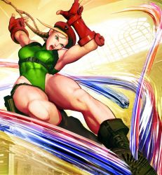 Rule 34 | 1girl, bare shoulders, black footwear, blonde hair, boots, braid, breasts, cammy white, capcom, combat boots, curvy, female focus, fingerless gloves, gloves, gradient background, hat, jumping, kicking, large breasts, legs, leotard, lips, long hair, muscular, official art, solo, street fighter, street fighter v, thong leotard, twin braids