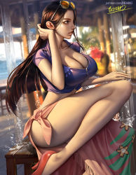Rule 34 | 1girl, black hair, breasts, brown eyes, cleavage, curvy, female focus, from side, glasses, high heels, large breasts, legs, long hair, long legs, nico robin, one piece, patreon, sitting, solo, thighs, very long hair, yichimo