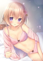Rule 34 | 1girl, :p, blonde hair, blouse, blurry, blush, bra, breasts, cleavage, commentary request, depth of field, gochuumon wa usagi desu ka?, hair between eyes, hair ornament, hairclip, hoto cocoa, indoors, looking at viewer, medium breasts, navel, open clothes, open shirt, panties, pink bra, pink panties, pink shirt, purple eyes, shibainu niki, shirt, short hair, solo, tongue, tongue out, under covers, underwear