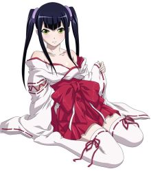 Rule 34 | 00s, 1girl, black hair, hair ornament, ikkitousen, japanese clothes, long hair, looking at viewer, miko, saji genpou (true), simple background, smile, solo, thighhighs, twintails, white background, white thighhighs, yellow eyes