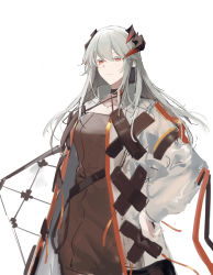 Rule 34 | 1girl, absurdres, arknights, brown collar, brown shirt, collar, criss-cross halter, dragon horns, earclip, grey hair, hair between eyes, halterneck, hand on own hip, highres, holding, holding shield, horns, jacket, joshua (shisanli934), long hair, looking at viewer, open clothes, open jacket, orange eyes, saria (arknights), shield, shirt, simple background, sketch, solo, upper body, white background, white jacket