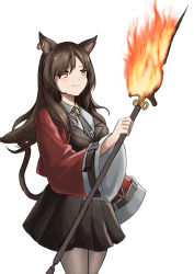 Rule 34 | 1girl, absurdres, animal ears, arknights, black skirt, blush, breasts, brown eyes, brown hair, cat ears, cat tail, commentary request, cowboy shot, earrings, fire, grey pantyhose, highres, holding, holding staff, jacket, jewelry, korean commentary, long hair, long sleeves, medium breasts, miniskirt, originium arts (arknights), pantyhose, pleated skirt, rankketer, red jacket, simple background, skirt, skyfire (arknights), solo, staff, standing, tail, white background, wide sleeves