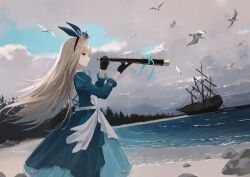 Rule 34 | 1girl, alice (alice in wonderland), alice in wonderland, beach, bird, black gloves, blonde hair, blue dress, cloud, cloudy sky, commentary, crown, dress, english commentary, floating hair, forest, gloves, hairband, holding, holding telescope, juliet sleeves, long hair, long sleeves, mini crown, nature, ocean, outdoors, parted lips, profile, puffy sleeves, rock, ship, sideways glance, sky, solo, telescope, wakuseiy, watercraft