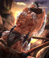 Rule 34 | 1boy, abs, armpits, bara, bellsaltr, belt, black hair, blood, blood on clothes, blood on face, blood on hands, blurry, blurry background, cloud, cloudy sky, dark-skinned male, dark skin, fur-trimmed jacket, fur trim, gauntlets, highres, jacket, knife, large pectorals, male focus, manly, mountain, multicolored hair, muscular, muscular male, nipples, original, outdoors, pectorals, puffy chest, skirt, sky, solo, spiked hair, spikes, sun, sunset, sweat, sweatdrop, weapon, white hair
