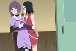 Rule 34 | 2girls, ascot, bandaged leg, bandages, black gloves, black hair, boruto: naruto next generations, braid, closed mouth, cowboy shot, dress, elbow gloves, female focus, fingerless gloves, glasses, gloves, highres, holding hands, indoors, kakei sumire, layered sleeves, long hair, looking at another, multiple girls, naruto (series), optimystic, pouch, purple dress, purple eyes, purple hair, red-framed eyewear, red dress, short hair, single braid, sleeveless, sleeveless dress, smile, standing, uchiha sarada, yellow ascot
