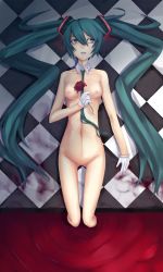 Rule 34 | 1girl, aqua eyes, aqua hair, bad id, bad pixiv id, blood, checkered floor, collar, detached collar, floor, flower, gloves, hatsune miku, highres, kawasaki kana, long hair, lying, navel, necktie, no pussy, nude, open mouth, red flower, red rose, rose, solo, twintails, very long hair, vocaloid