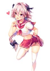 Rule 34 | 1boy, astolfo (fate), astolfo (sailor paladin) (fate), ayuma sayu, black panties, braid, clothes lift, fang, fate/grand order, fate (series), hair intakes, hair ribbon, lifting own clothes, long hair, male focus, neckerchief, official alternate costume, open mouth, panties, pink hair, purple eyes, red neckerchief, ribbon, side-tie panties, side-tie peek, simple background, single braid, skirt, skirt lift, smile, standing, standing on one leg, thighhighs, trap, underwear, very long hair, white background, white legwear