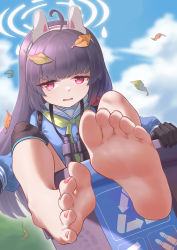 Rule 34 | 1girl, absurdres, ahoge, animal ears, barefoot, binoculars, blue archive, blunt bangs, chan sang, fake animal ears, feet, foot focus, foreshortening, hairband, halo, highres, in container, leaf, long hair, looking at viewer, miyu (blue archive), parted lips, red eyes, soles, toenails, toes, trash can