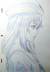 Rule 34 | 1girl, alice carroll, aria (manga), beret, bow, bowtie, cwind, eyelashes, from side, hair between eyes, hat, highres, lips, long hair, looking to the side, monochrome, orange planet uniform, portrait, sailor collar, sidelocks, simple background, sketch, solo, traditional media