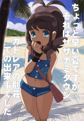 Rule 34 | 1girl, ahoge, beach, blue eyes, breasts, brown hair, buttons, cloud, cloudy sky, covering own mouth, creatures (company), game freak, highres, hilda (pokemon), makoto daikichi, midriff, navel, nintendo, palm tree, pokemon, pokemon bw, ringed eyes, shorts, sky, small breasts, tank top, tree, wooden floor