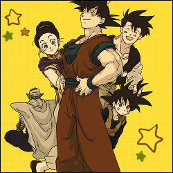 Rule 34 | 1girl, 4boys, ^ ^, black border, black hair, blush stickers, border, brothers, cape, chi-chi (dragon ball), child, closed eyes, couple, crossed legs, dougi, dragon ball, dragonball z, earrings, facing away, family, father and son, fingernails, floating, hand on another&#039;s head, hand on own hip, happy, hetero, jewelry, looking at viewer, lowres, mother and son, multiple boys, nitako, open mouth, piccolo, pointy ears, short hair, siblings, simple background, smile, son gohan, son goku, son goten, spiked hair, standing, star (symbol), turban, wristband, yellow background