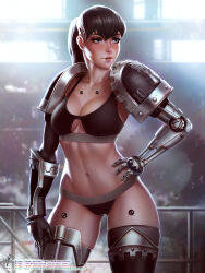 Rule 34 | 1girl, adeptus astartes, armor, armored boots, artist name, black bra, black panties, boots, bra, breasts, brown hair, cleavage, collarbone, gauntlets, grey eyes, hand on own hip, highres, iron hands (warhammer), lips, long hair, mechanical arms, medium breasts, mole, mole under eye, navel, panties, parted lips, pauldrons, ponytail, power armor, shoulder armor, single mechanical arm, smile, solo, space marine, stomach, themaestronoob, underwear, warhammer 40k, watermark, web address