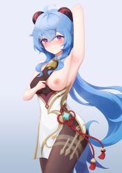 Rule 34 | 1girl, ahoge, arm up, armpits, bare arms, bell, blue hair, blush, breasts, brown pantyhose, chinese knot, clothes pull, commentary, flower knot, ganyu (genshin impact), genshin impact, gold trim, highres, horns, long hair, looking at viewer, low ponytail, medium breasts, neck bell, nipples, no gloves, nose blush, one breast out, pantyhose, pulling own clothes, purple eyes, sidelocks, sleeveless, smile, snowowl987, solo, standing, sweat, tassel, thighlet, thighs, vision (genshin impact)