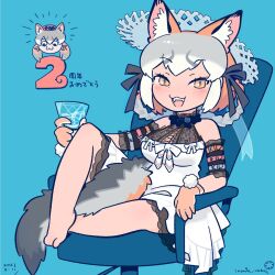 Rule 34 | animal ears, anniversary, barefoot, belt, chair, cup, dress, extra ears, fox ears, fox girl, fox tail, gloves, grey hair, hat, highres, holding, holding cup, inada roku, island fox (kemono friends), kanihai, kemono friends, kemono friends v project, long hair, looking at viewer, open mouth, orange hair, ribbon, simple background, sundress, tail, virtual youtuber, yellow eyes