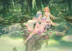 Rule 34 | 3girls, :o, all fours, animal, anklet, aqua eyes, arm up, armpits, atdan, bare arms, bare shoulders, barefoot, blonde hair, blue hair, breasts, cangqiong, dappled sunlight, day, dress, food, forest, fruit, hair rings, holding, jewelry, large breasts, light rays, long hair, looking at viewer, looking back, low twintails, midriff, multiple girls, nature, open mouth, pond, reclining, red eyes, revealing clothes, ripples, shian (synthesizer v), short dress, sleeveless, sleeveless dress, sunbeam, sunlight, synthesizer v, thighs, tiger, tree, twintails, very long hair, water, white dress, white hair, wide shot, xingchen, yellow eyes