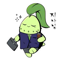 Rule 34 | 1other, black pants, blue jacket, breast pocket, briefcase, buttons, chikorita, closed eyes, closed mouth, clothed pokemon, colored skin, creatures (company), cup, disposable cup, drink, drinking glass, formal, full body, game freak, gen 2 pokemon, geng4r, green necktie, green skin, happy, holding, holding briefcase, holding cup, holding drink, jacket, korean text, leaf, leg up, necktie, nintendo, pants, pocket, pokemon, pokemon (creature), short sleeves, simple background, sketch, smile, sparkle, standing, standing on one leg, suit, tail, translation request, u u, walking, white background