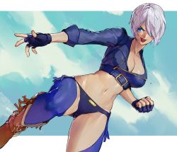 Rule 34 | 1girl, angel (kof), boots, bra, breasts, chaps, cleavage, cowboy boots, cropped jacket, fingerless gloves, full body, gloves, hair over one eye, jacket, large breasts, leather, leather jacket, oni gini, snk, solo, strapless, strapless bra, the king of fighters, the king of fighters 2001, the king of fighters xiv, the king of fighters xv, toned, underwear, white hair